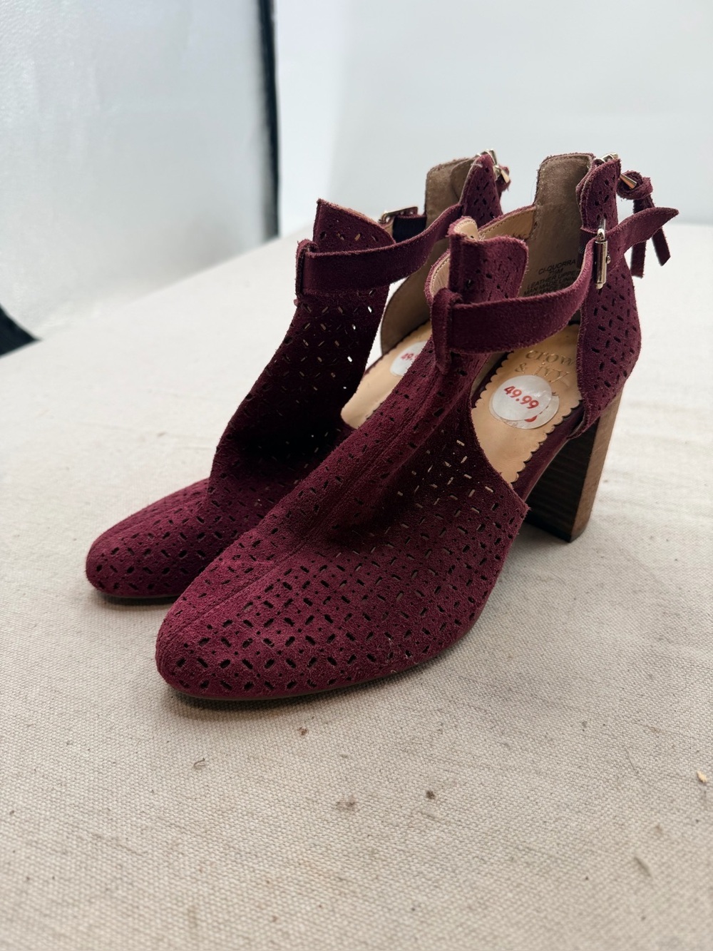 crown & ivy Wine Perforated Suede Block Heel Ankle Boots